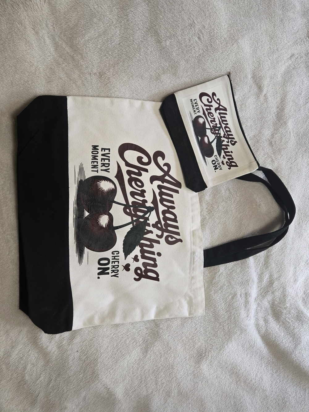 Always Cheery Cherry Graphic Canvas Tote in Black and Cream